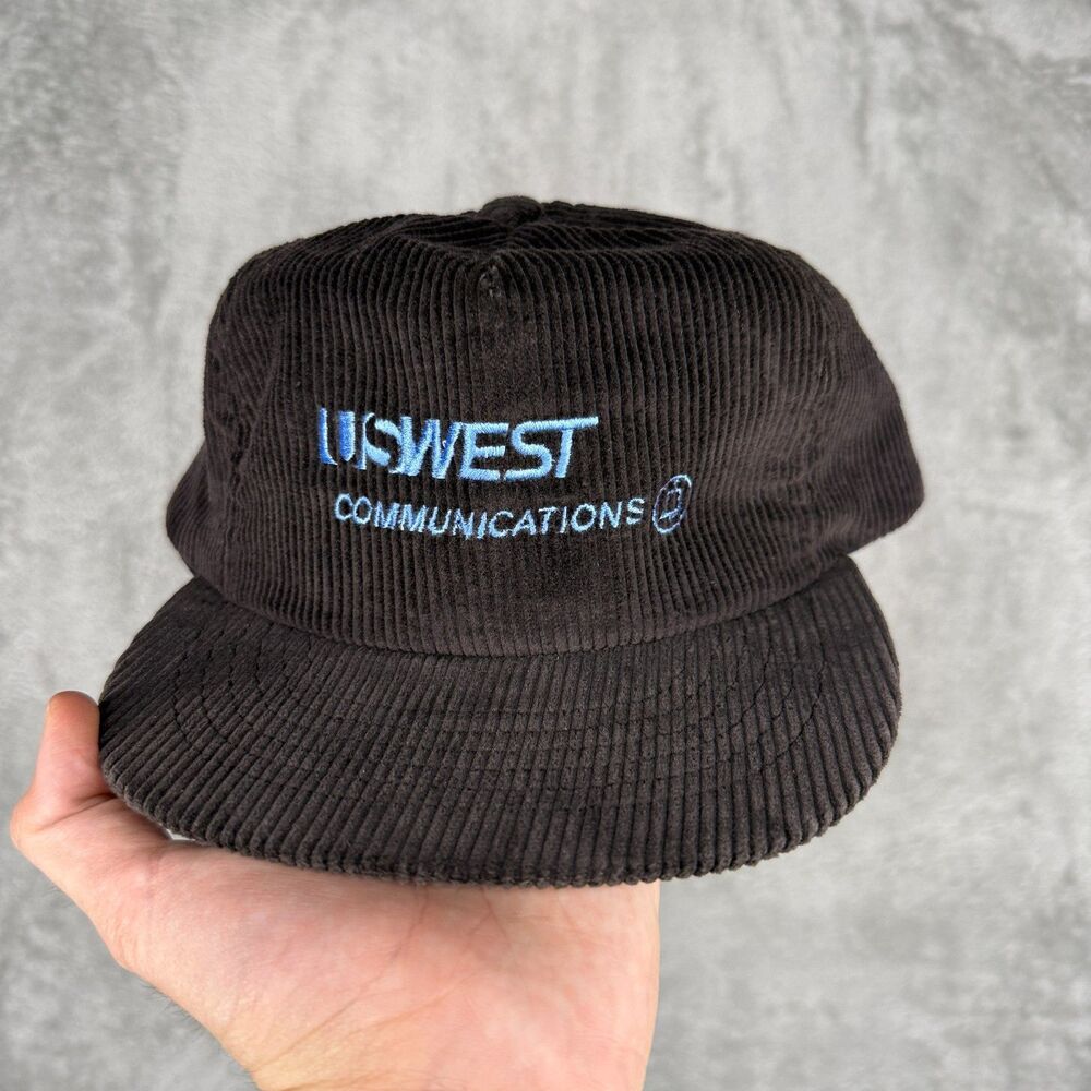 Vtg US West Communications Hat Snapback Corduroy Cord Cap Black Embroidered 80s